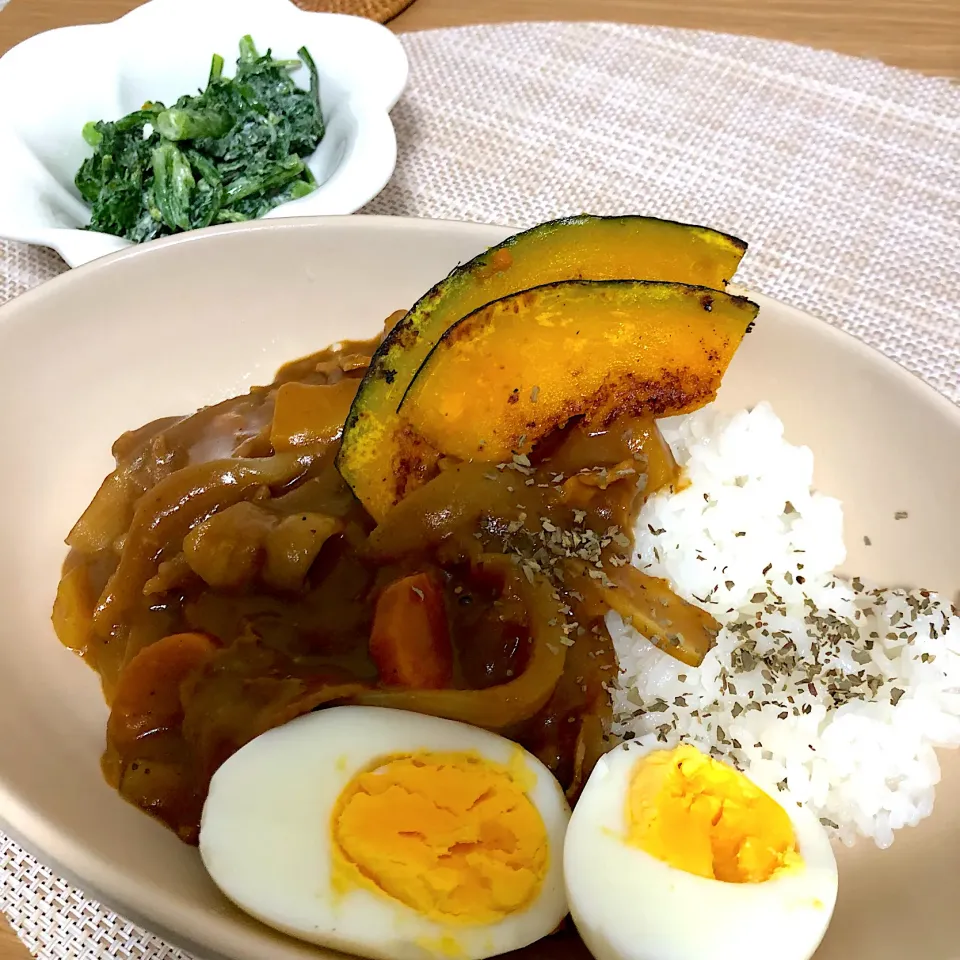 ごぼう入りカレー、春菊のマヨ辛子和え|あきころさん