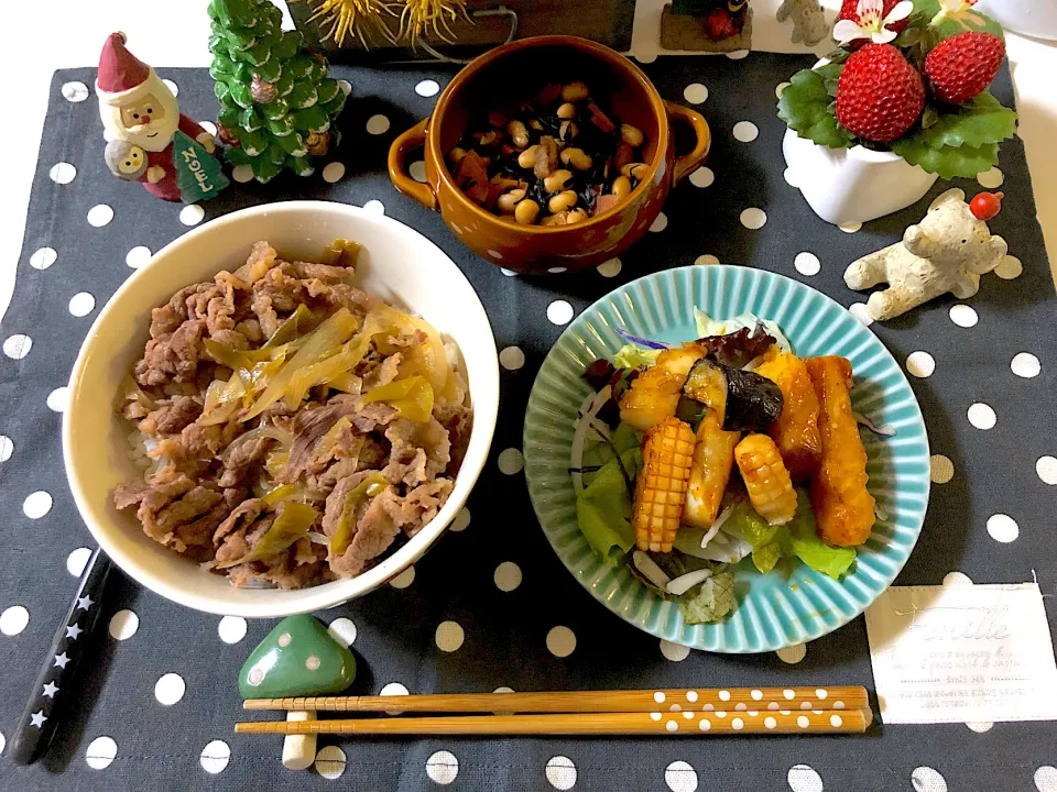 牛丼、いかと安納芋と茄子の甘酢炒め、ひじき豆の煮物|syamさん