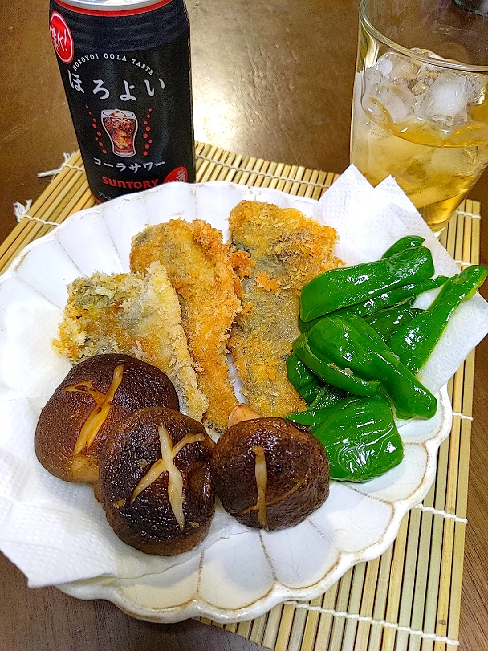 アジフライとしいたけ&ピーマンの素揚げ|ふわふわおもちさん