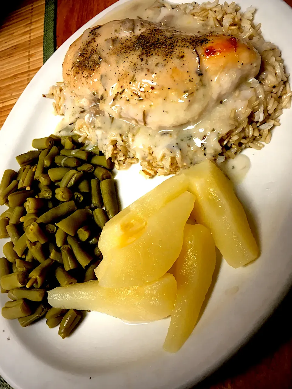 Baked Chicken Breast W/Cream of Mushroom Gravy, Brown Rice, Green Beans and Pears|Michaels Culinary Adventuresさん