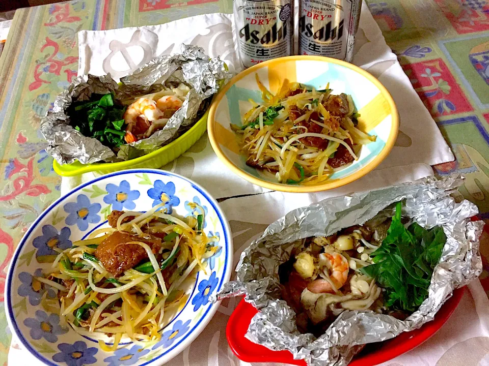 レバニラ炒め、海鮮の包み焼きで頂きまぁす🍻|Emiさん