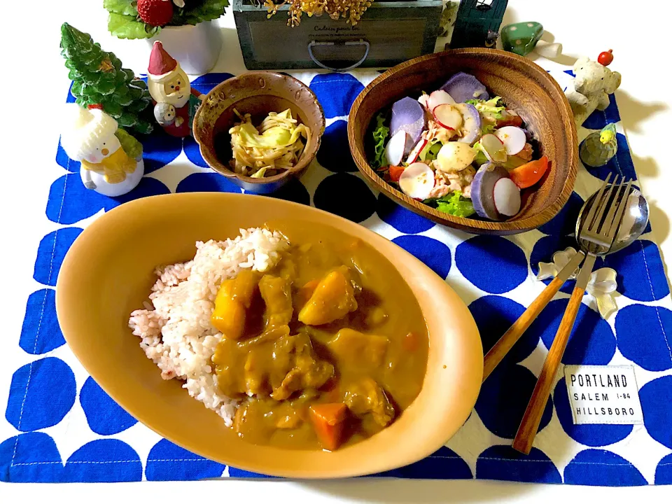 カレーライス、紫芋サラダ、キャベツとえのきの胡麻和え|syamさん