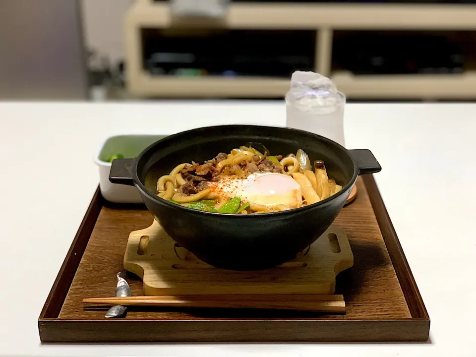 Snapdishの料理写真:すき焼きうどん。
あったまる〜☺️❤️|yukiさん