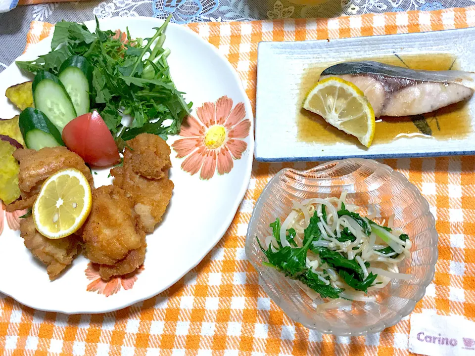 唐揚げ、もやしと水菜のナムル、ハマチの塩焼き|mayumiさん