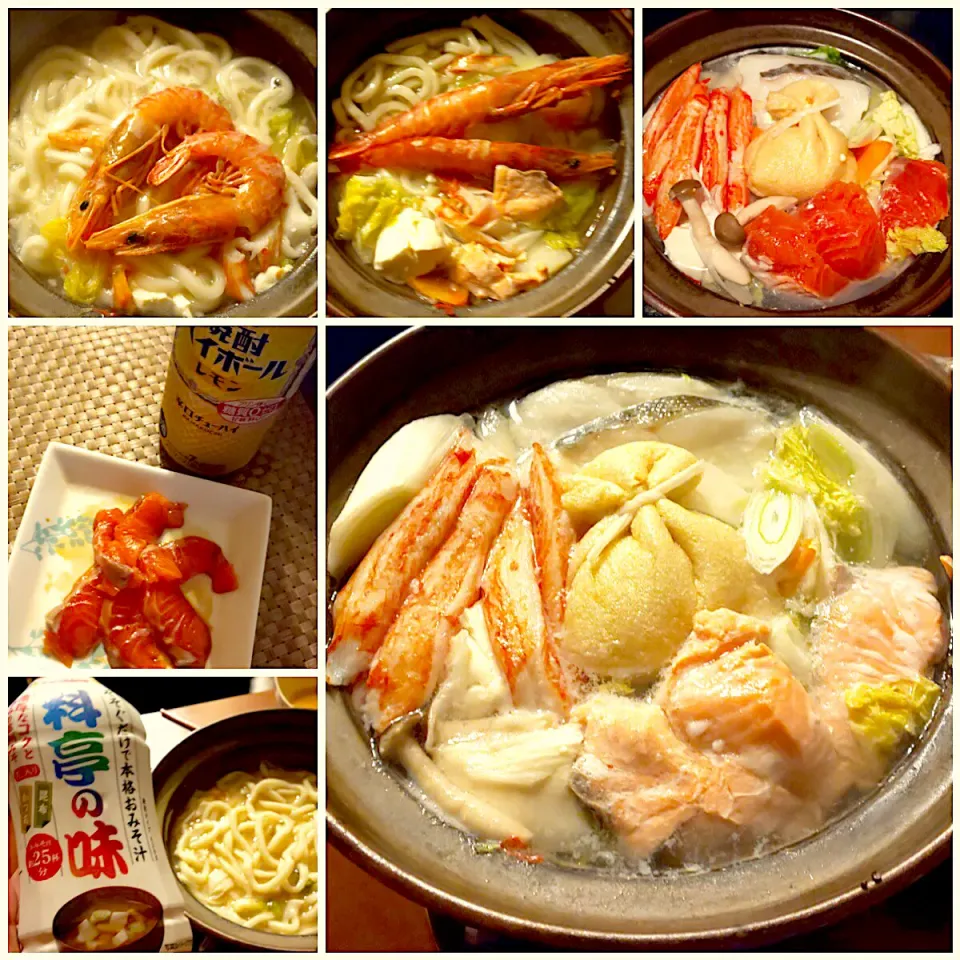 Snapdishの料理写真:Today's Dinner🍴ｻｰﾓﾝのお刺身･海鮮鍋からのぉ〆はおうどん🍲味変にお味噌ﾊﾞﾀｰ|🌈Ami🍻さん