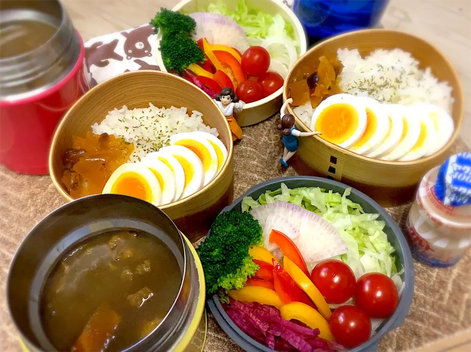 Snapdishの料理写真:あわび茸入りシーフード🦐🐚カレー🍛&野菜サラダ🥗の夫婦お弁当♪|桃実さん