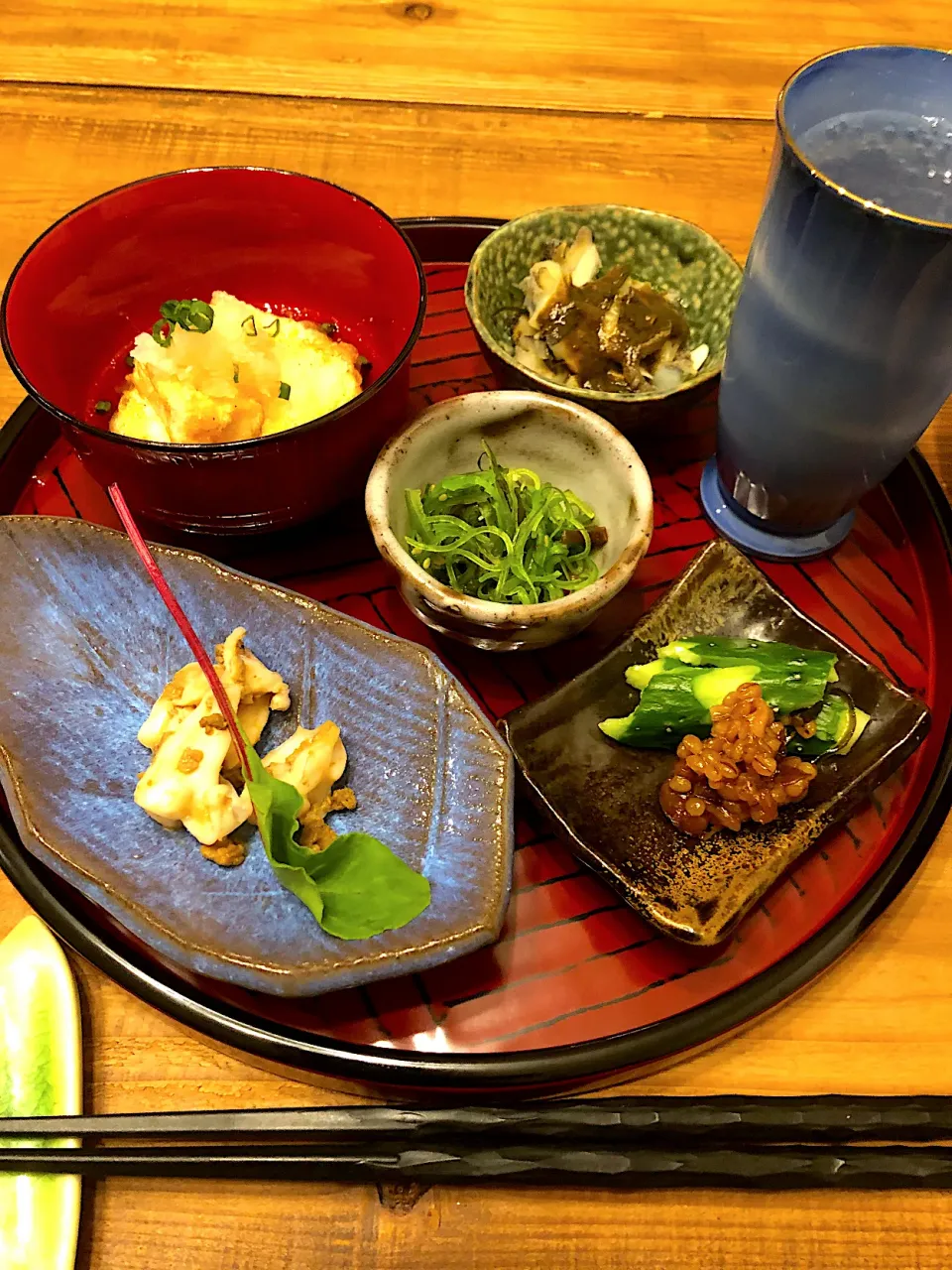 揚げ出し豆腐♪イカのワタ焼♡もろきゅう✰アワビの肝ソース♡茎ワカメのサラダ　こあてで、一杯♪♪|Mika  Funatsuさん