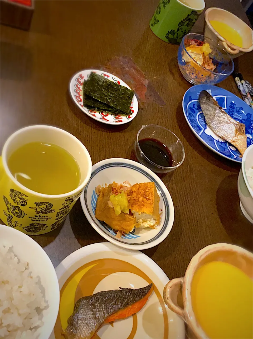 焼き鮭　焼き厚揚げ　柚子胡椒おかか添え　コーンポタージュ　もち麦入りごはん　焼き海苔　お茶|ch＊K*∀o(^^*)♪さん