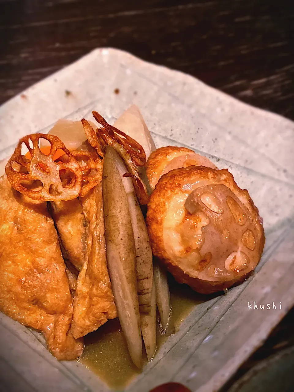 鱈しんじょの椎茸詰と三角揚の含め煮♬                      糀甘酒の素の優しさがなんとも良いっ✨|KOZUEさん