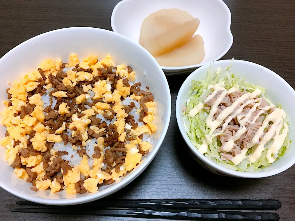 そぼろ丼、ツナキャベツサラダ|しぃさん