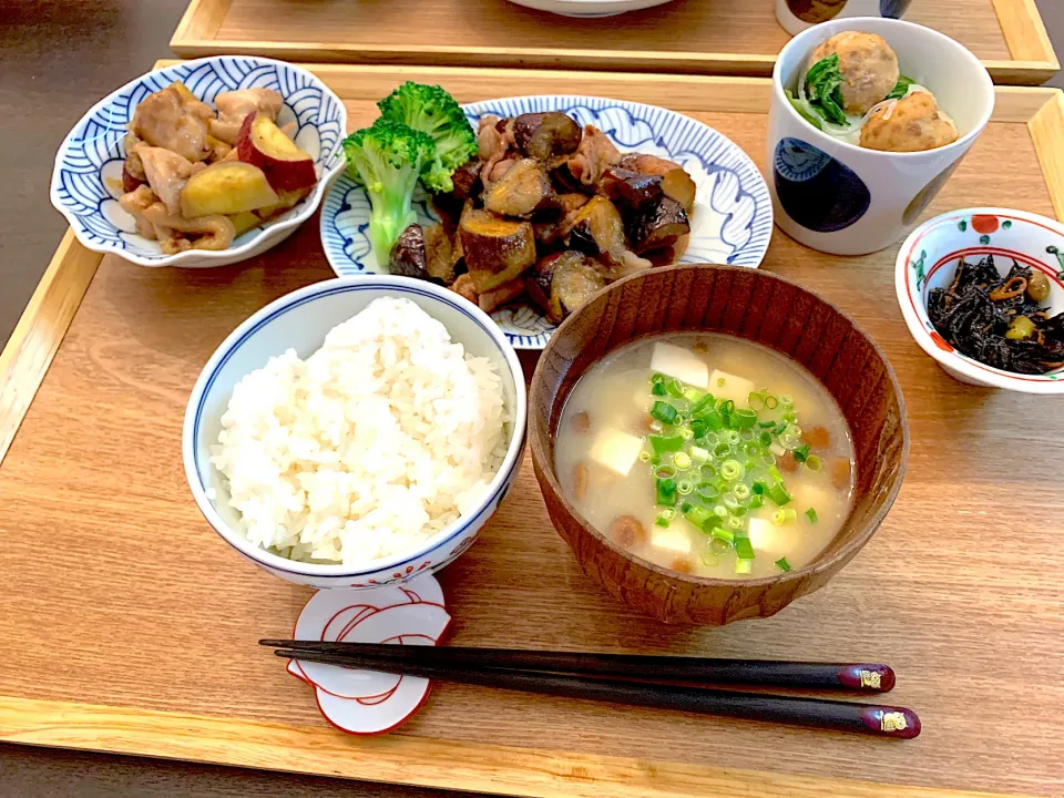 Snapdishの料理写真:ナスと豚肉のスタミナ炒め　サツマイモととり肉の甘辛醤油　青梗菜と挽肉の春雨スープ　ひじき煮　なめことお豆腐のお味噌汁|NAKATAさん