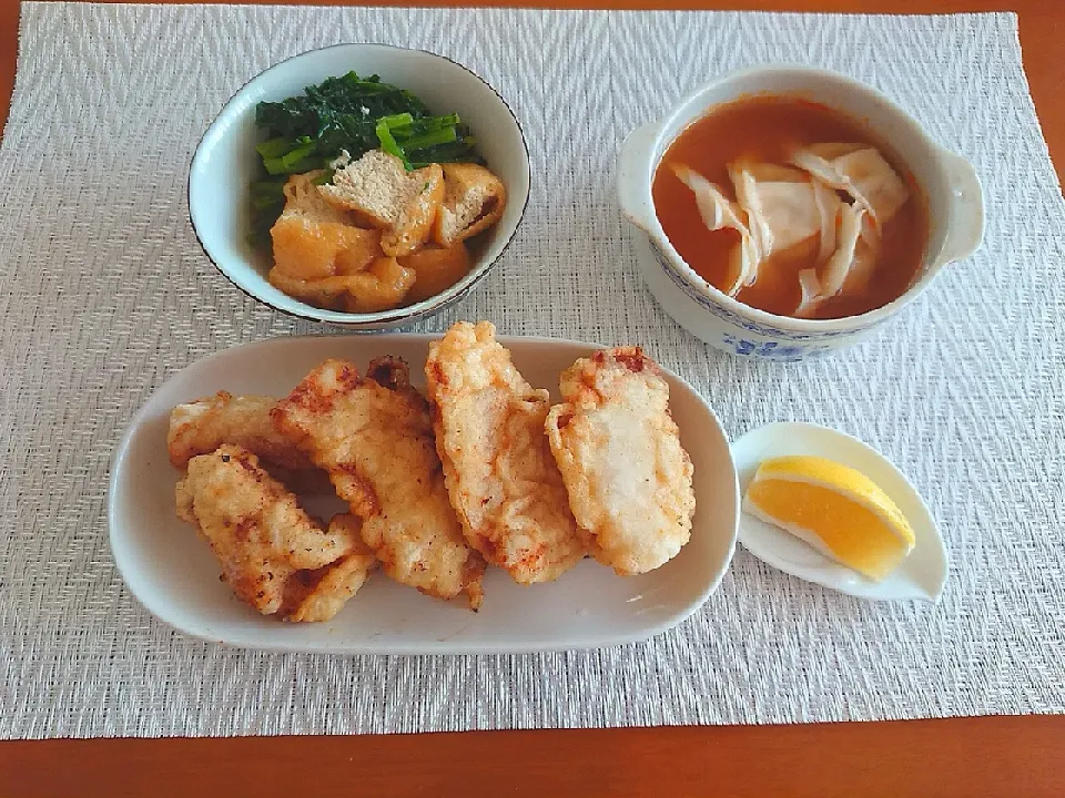 Snapdishの料理写真:☆とり天
☆カブの葉と厚揚げの煮物
☆野菜餃子スープ|chikakoさん