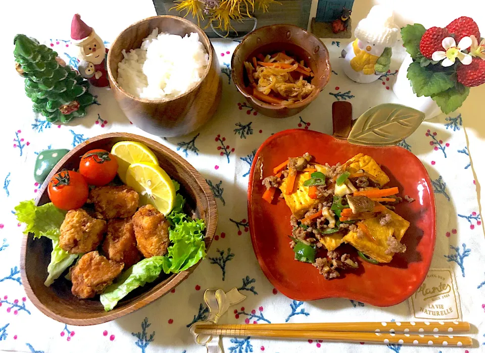 鶏胸肉の唐揚げ、厚揚げの肉味噌炒め、切り干し大根の煮物|syamさん