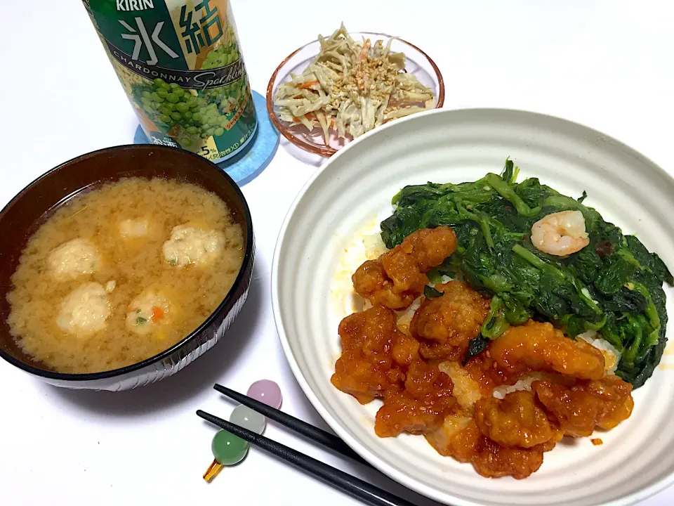 今宵は、中華二点盛り丼 鶏甘辛＆菜の花炒め|Kojiさん