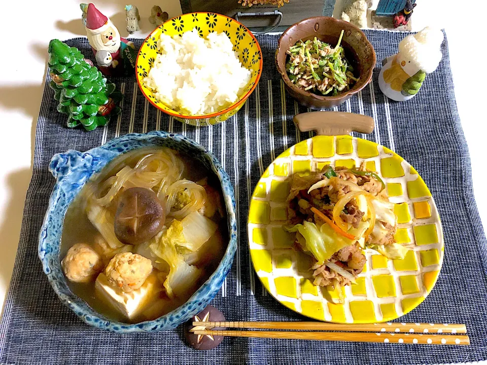 寄せ鍋風、肉野菜炒め、無限豆苗(サバ缶和え)|syamさん