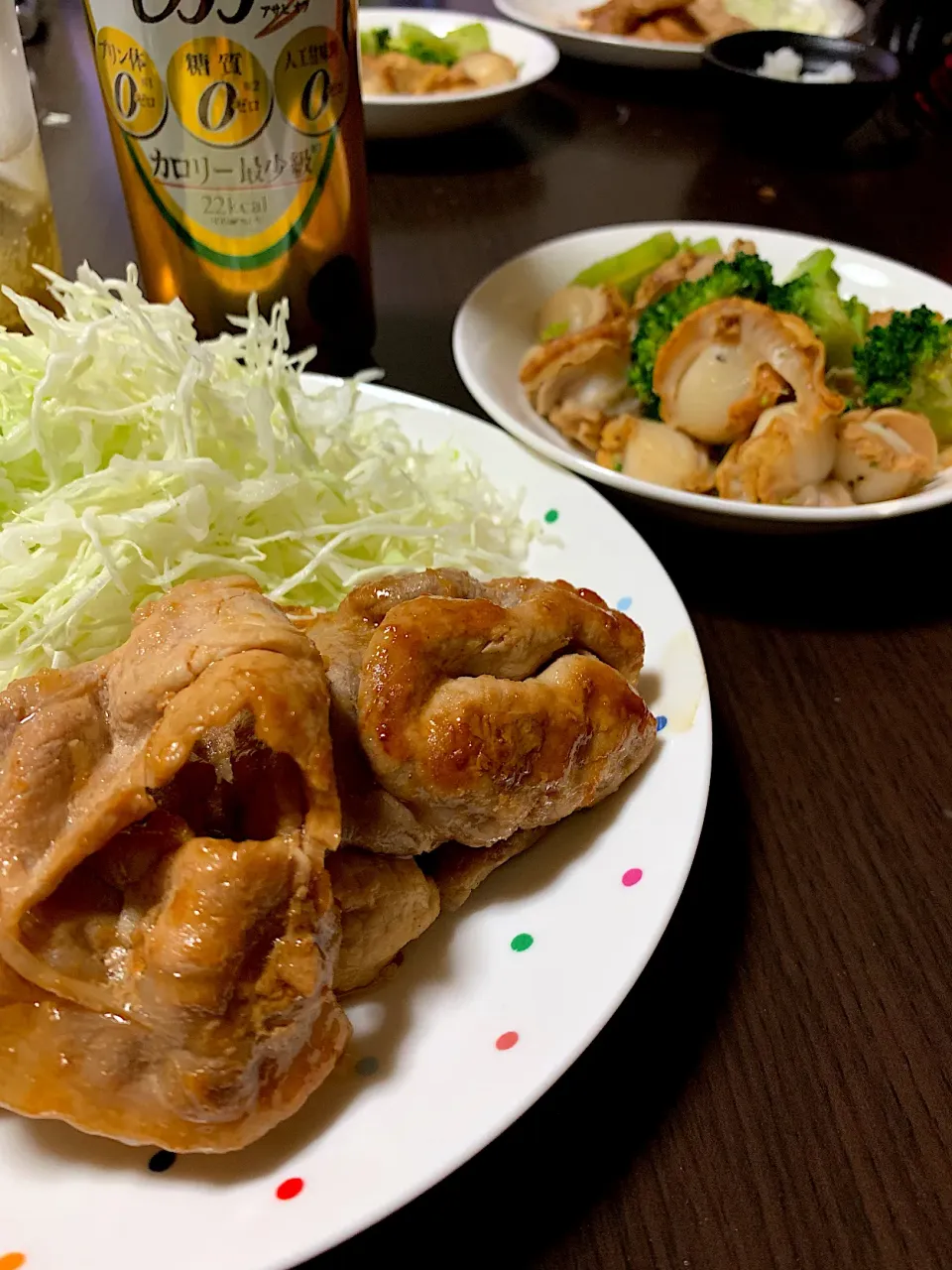 Snapdishの料理写真:生姜焼き＆ベビーホタテ炒め|あきさん