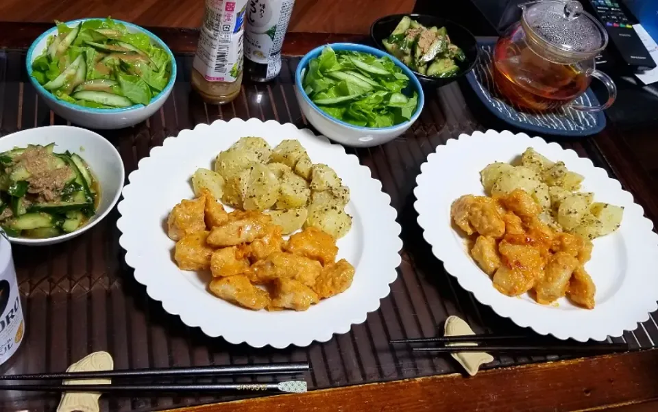 奥様料理でジャガイモ🥔マスタード和えとキチンのチリソース♪(o^O^o)|dai.noriさん