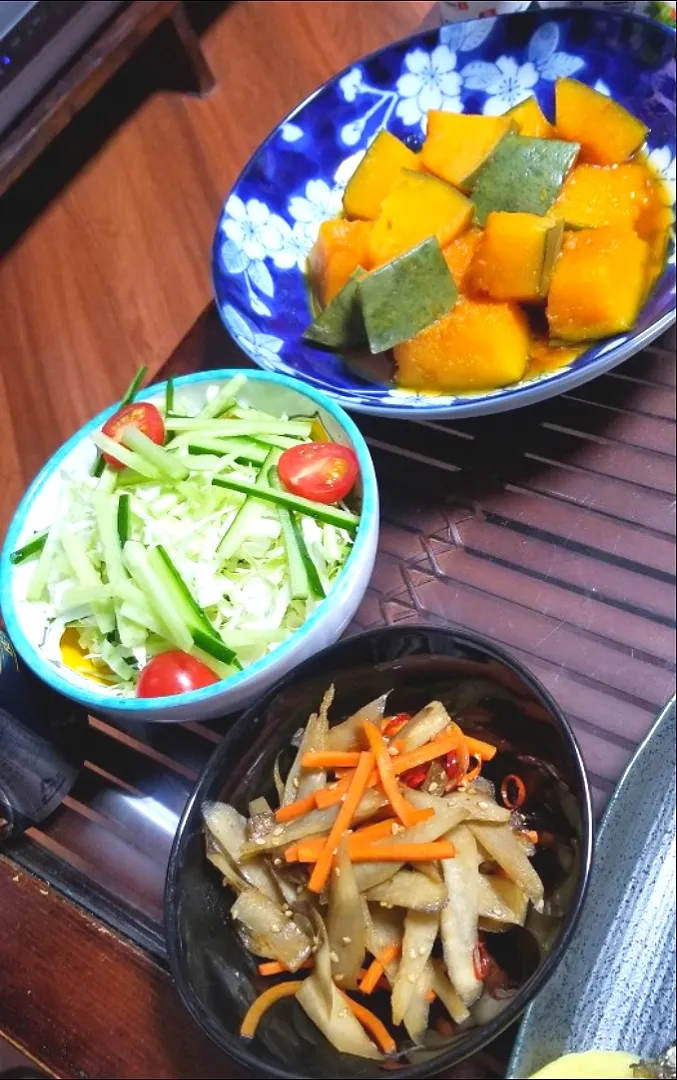 Snapdishの料理写真:12日の奥様料理でかぼちゃの煮付けときんぴらごぼうとサラダ🥗☺️♪|dai.noriさん