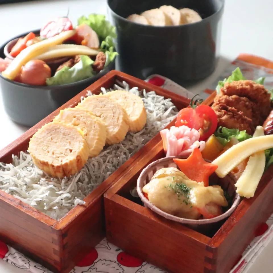 中学生男子年子弁当🍱ちりめんじゃこと温野菜のカレー風味チーズがけ|なかじー。さん