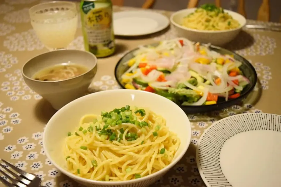 たらこパスタとひらめのカルパッチョ|うにんぱすさん