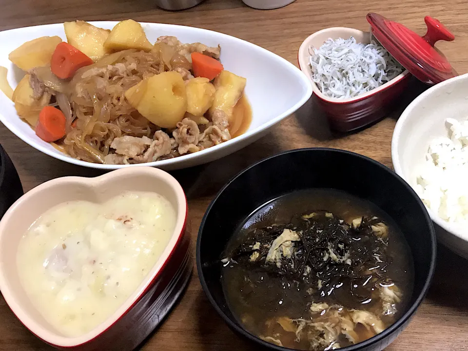 肉じゃが、もずくと玉子の味噌汁|aicooさん