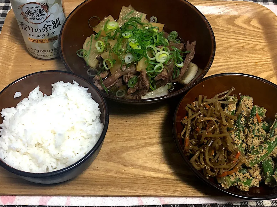 今日の夕食 ☆炊飯器で簡単牛すじ煮込み ☆オクラごま和え ☆金平ごぼう|まぁたんさん