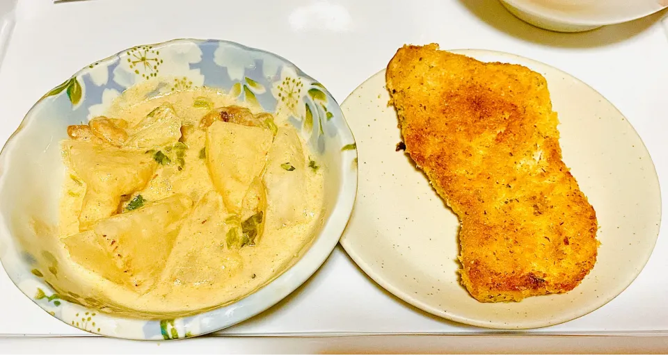 蕪と鶏肉のクリーム煮とマンダイのパン粉焼き|イカさん