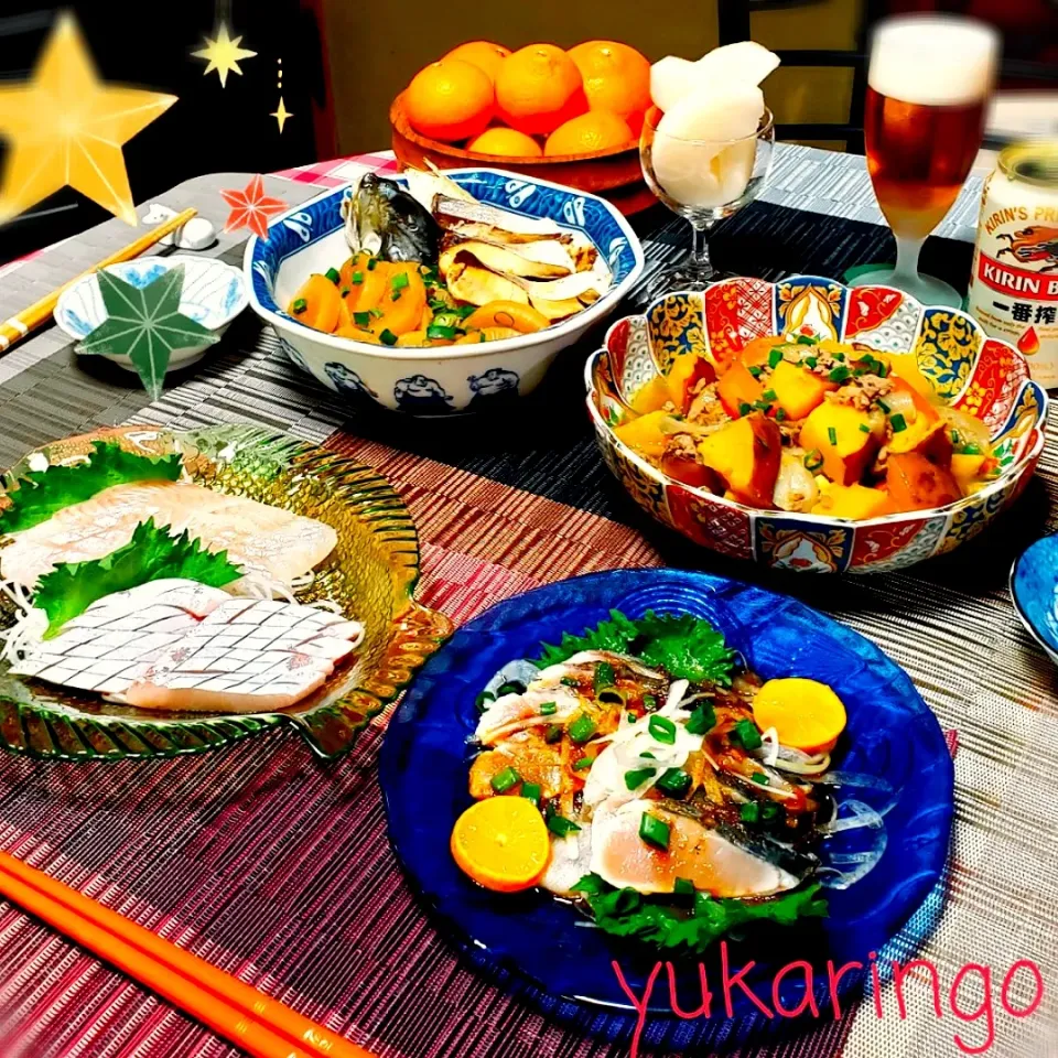 🎄サワラのたたき
🎄カレイとブリのお刺身
🎄圧力鍋で時短
　ぶり大根
🎄さつまいもで🍠
　そぼろ肉じゃが
🎄にっこり梨
🎄KIRIN一番搾りで✨🍻🎶|yukaringoさん