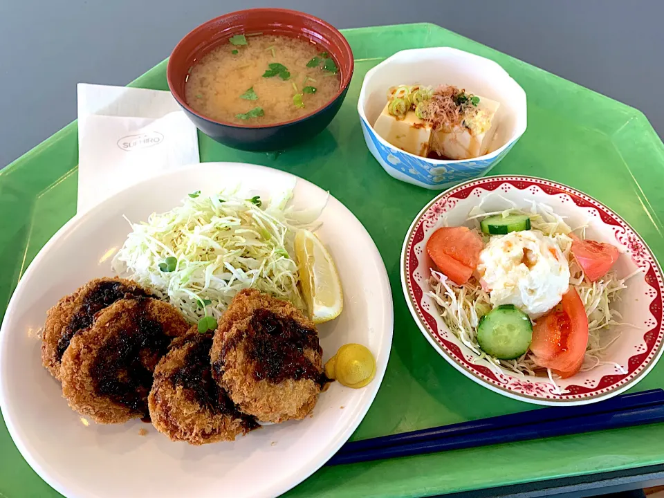 Snapdishの料理写真:一口ヒレカツ、冷奴、ポテトサラダ、味噌汁|Tadahiko Watanabeさん