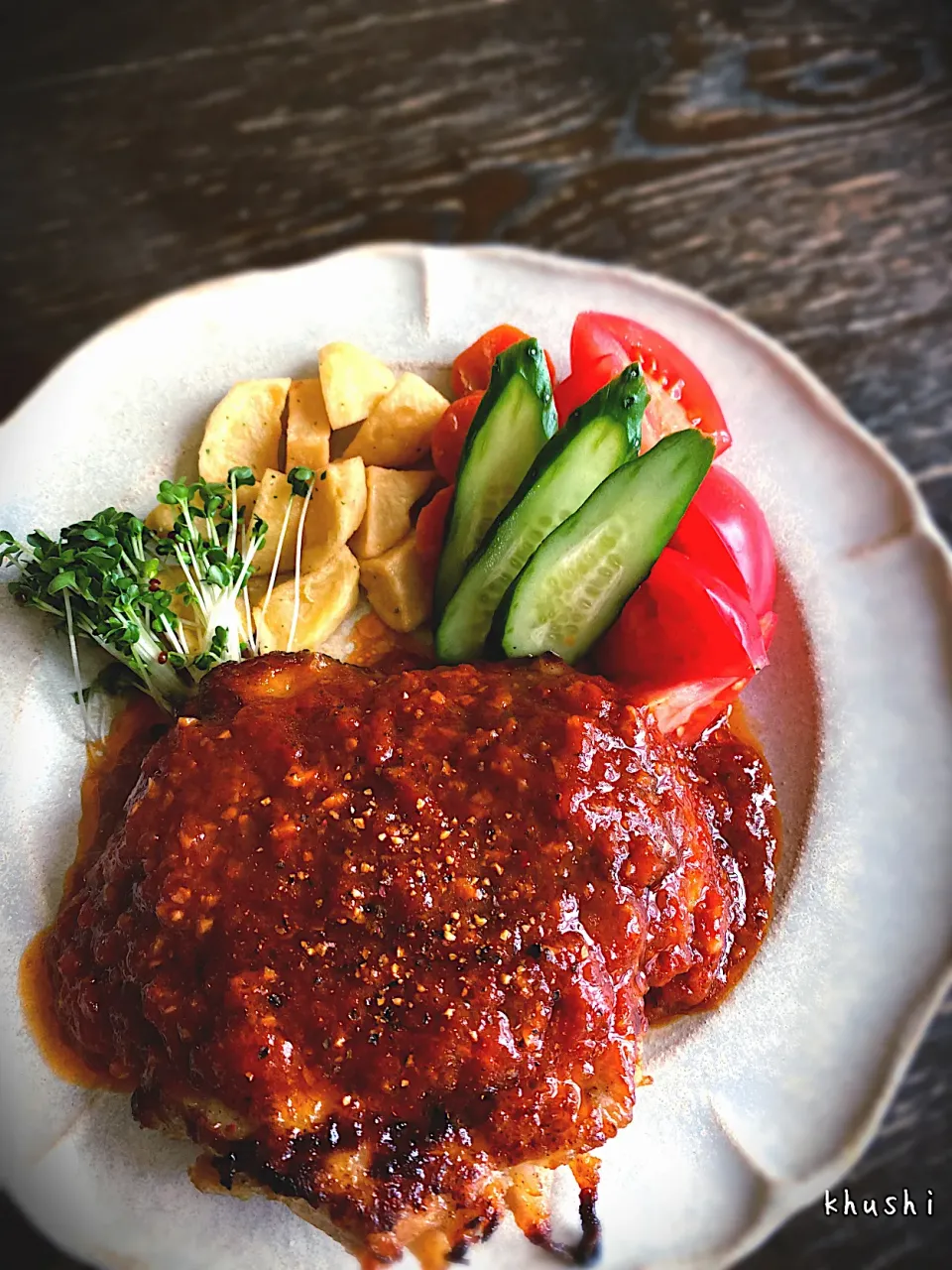 Snapdishの料理写真:糀甘酒入ガーリック🧄トマト🍅ソースのチキンソテー🐓|KOZUEさん