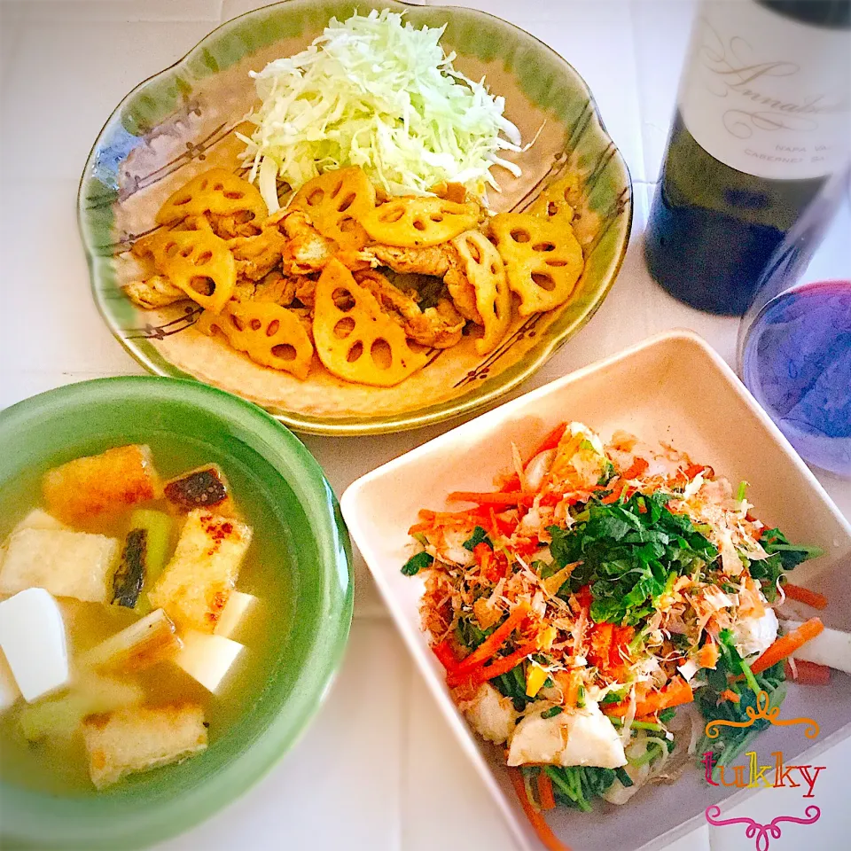 豚肉と蓮根のカレー炒め　山芋と豆苗の梅和え　焼き葱塩のお味噌汁|tukkyさん