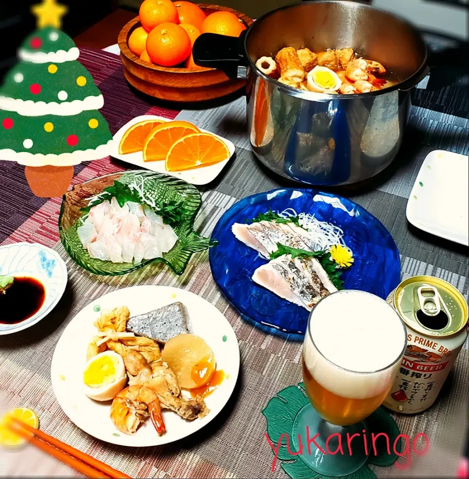 🎄クリスマス気分の
　チキンと海老のおでん🍢
🎄炙りサワラのお刺身
🎄鯛のお刺身
🎄紅マドンナ🍊
🎄KIRIN一番搾りで✨🍻🎶|yukaringoさん