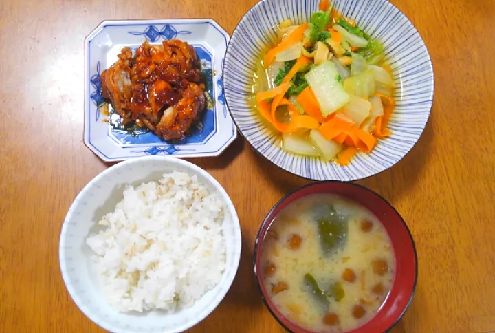 １２月１６日　鶏チャーシュー　白菜と油揚げの煮浸し　なめことわかめのお味噌汁|いもこ。さん