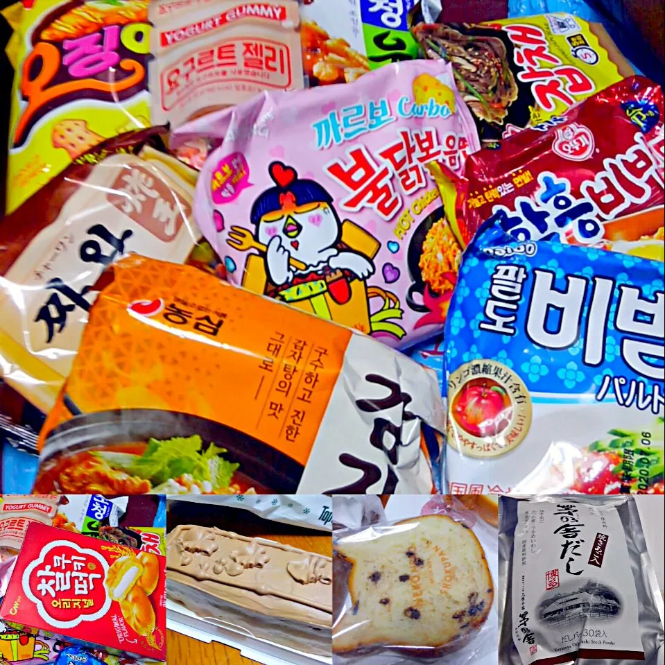 韓国ひろば(韓国食材スーパー)でインスタントラーメン、お菓子
トップスのチョコケーキ、茅乃舍のだしパック、ねこねこ食パン　をお土産に🎵|うたかた。さん