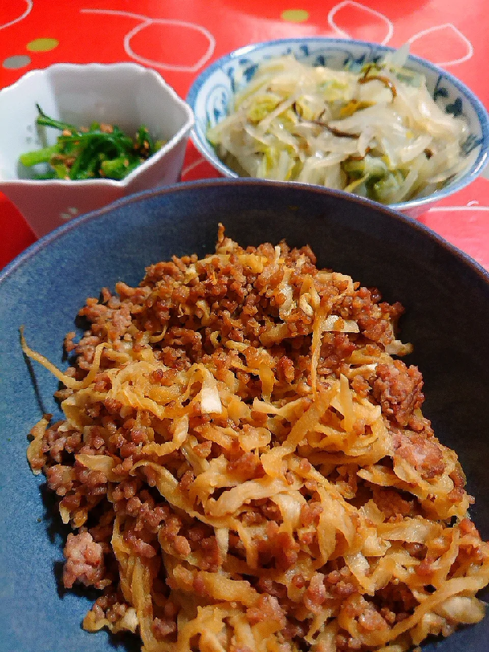 挽肉と切り干し大根のカレー炒めなど|ぱやさん