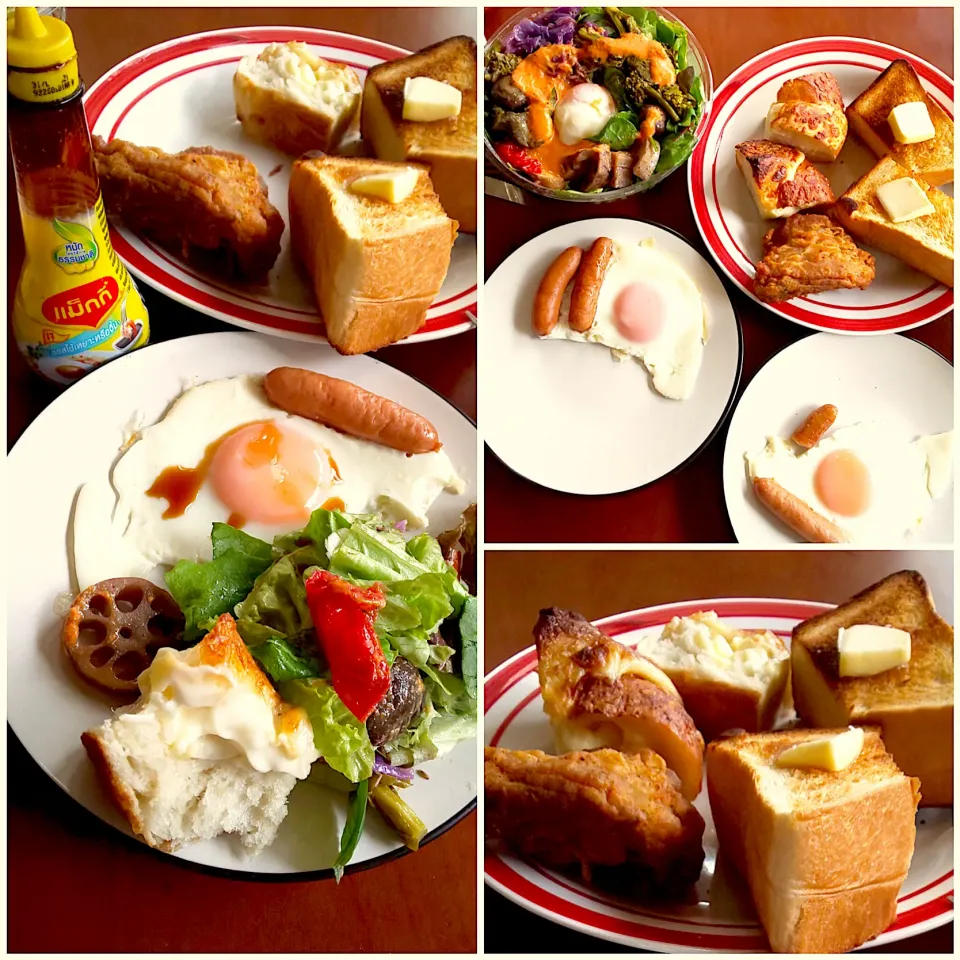 Saturday brunch🍴 お野菜たっぷりｻﾗﾀﾞ･KFC･ﾊﾟﾝ2種<ﾊﾟﾝﾃﾞｱﾉｰ&ｱﾝﾃｨｰｸ>･目玉焼き&ｿｰｾｰｼﾞ|🌈Ami🍻さん