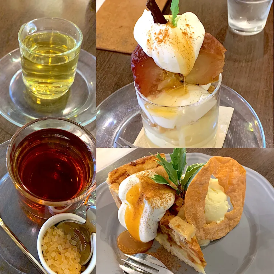 Snapdishの料理写真:焼きりんご🍎パフェ　　アップルパイ🍎🥧　　ハーブティー　紅茶🍹|るみおんさん