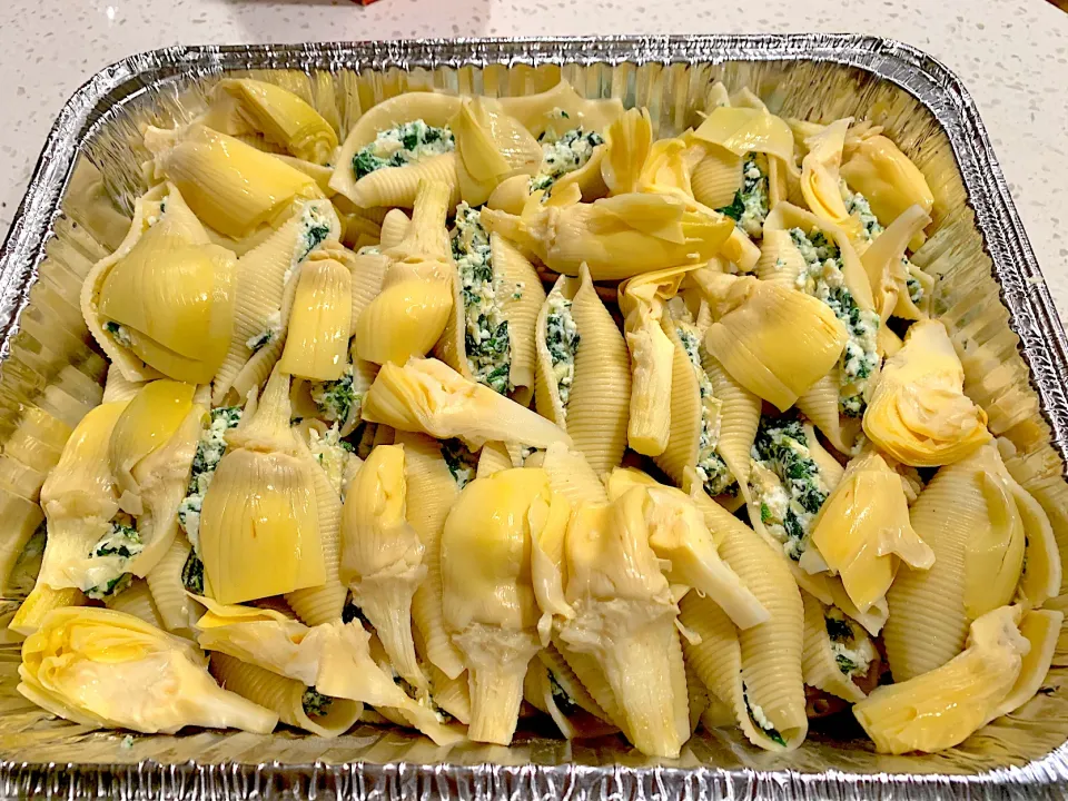 Prepping stuffed spinach artichoke pasta shell with yummy garlic alfredo sauce🐚🧄🥬🍝|🌺IAnneさん