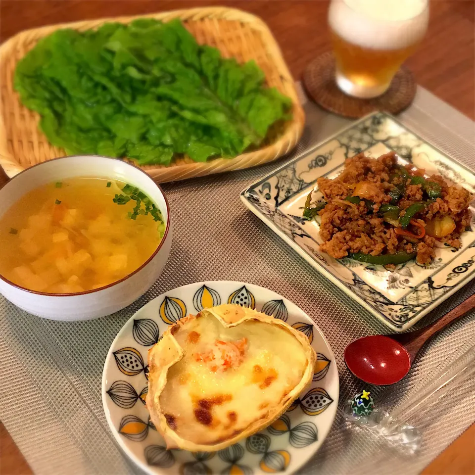 Snapdishの料理写真:豚ひき肉とピーマンのキムチ炒め
蟹グラタン
豆腐入りコンソメスープ|𓇼 Ⓢ Ⓗ Ⓘ Ⓝ Ⓞ Ⓑ Ⓤ 𓇼さん