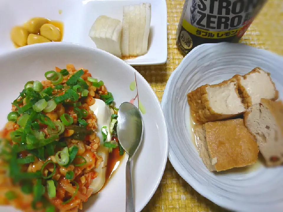 ★今夜の晩酌★
☆納豆キムチ豆腐
☆厚揚げとがんもの煮物
☆大根の糠漬け
☆ニンニクの醤油漬け
☆strongzeroﾀﾞﾌﾞﾙﾚﾓﾝ|☆Chieco☆さん