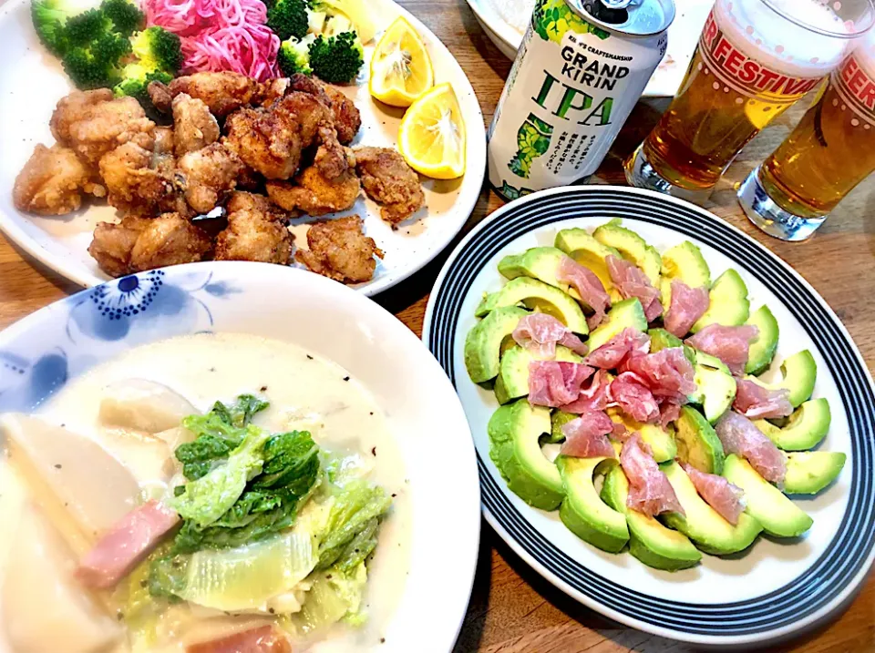 鶏唐揚げ                                                             カブと白菜のクリーム煮                                 アボカドと生ハム|じゅんさんさん