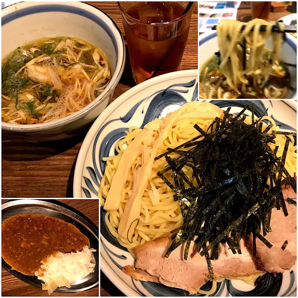 Snapdishの料理写真:つけめん(太麺)＋牛すじカレー1/2のセット@月島ロック(月島)|塩豚骨さん