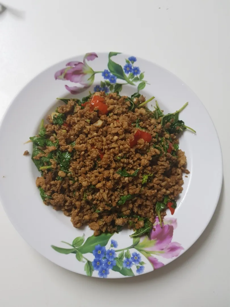 Fried minced pork with basil leaves|patcookingfeverパットさん