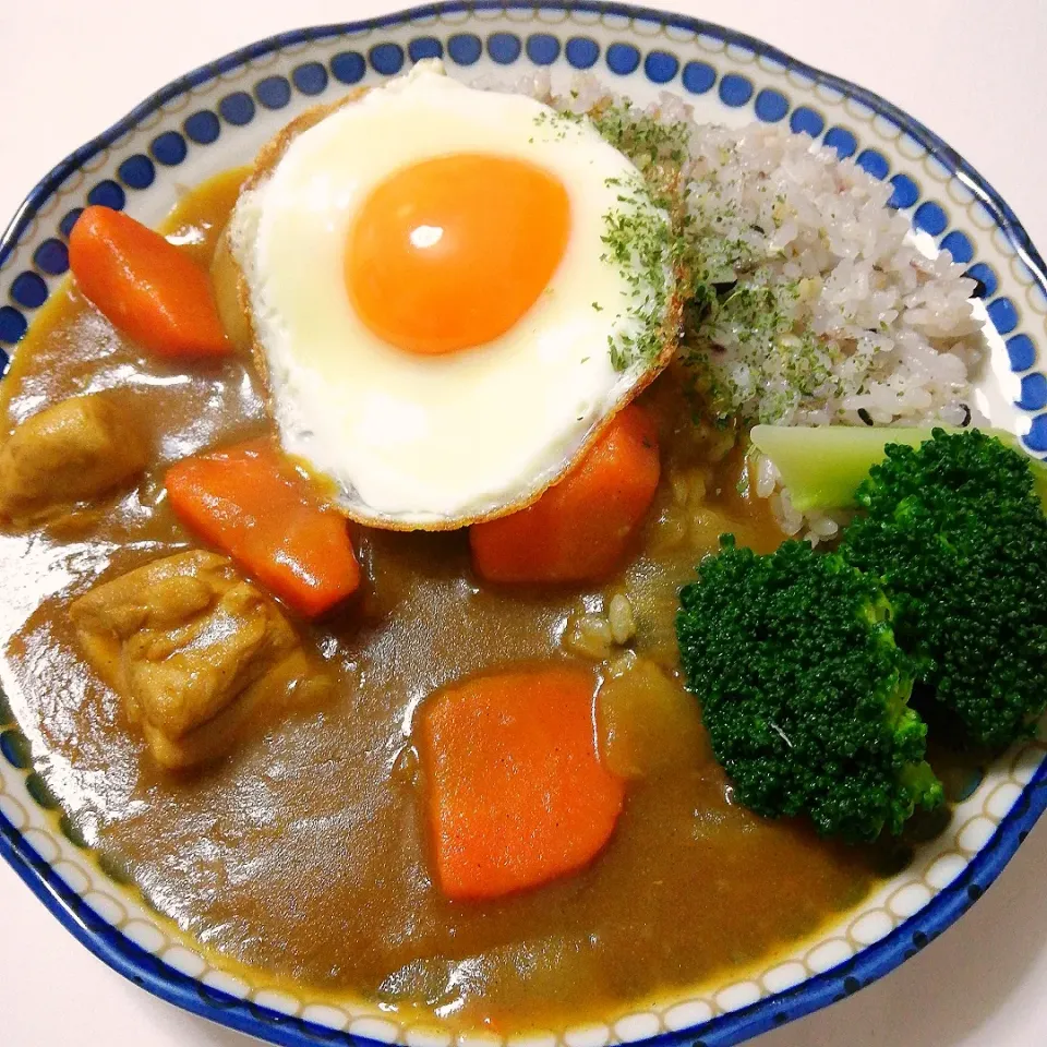 煮込み過ぎてじゃがいもがなくなっちゃったチキンカレー目玉のせ🍛🍳(12/28)|海猫さん