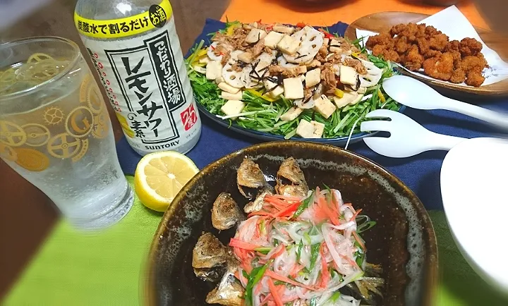 Snapdishの料理写真:小あじの南蛮漬け🐟
  高野豆腐のサラダ🥗
  鶏軟骨の唐揚げ🐔
  レモンサワー🍋増し増し|びせんさん