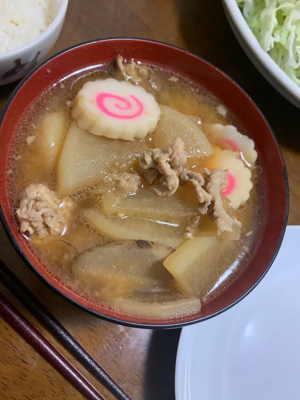 Snapdishの料理写真:1月4日の夕ご飯　おせちのあまりで豚汁|こむぎさん