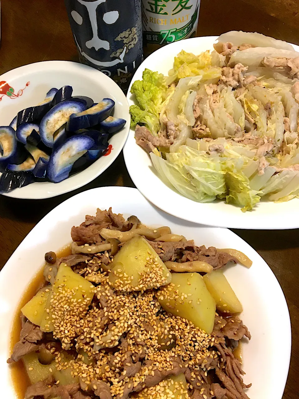 Snapdishの料理写真:牛肉とじゃがいも炒め、白菜と豚肉のミルフィーユ、なすのおしんこ|ゆうこさん