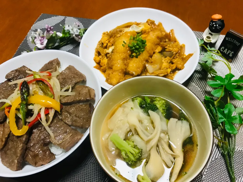 ＊焼肉丼＊舞茸とブロッコリーのワンタンスープ＊海老天煮|バシュランさん