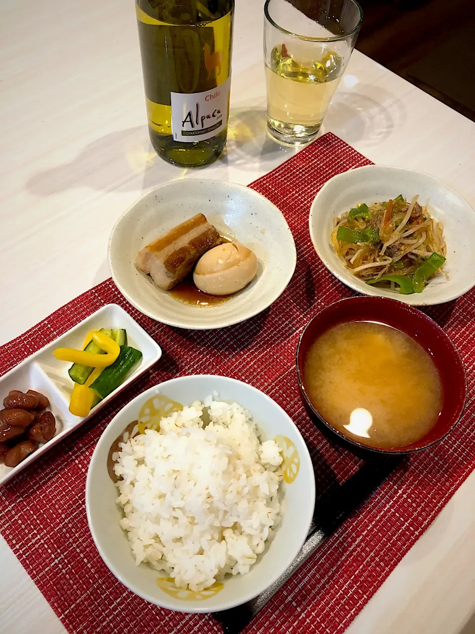 角煮　チャプチェ　ピクルス　煮豆　味噌汁|キヨさん