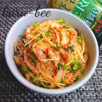 ヘルシーおつまみ♪ビールが進む!イカと白滝のピリ辛豆板醤マヨサラダ